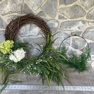 Green and White Floral hydrangea Wreath and Smaller Fern Wire Wreath